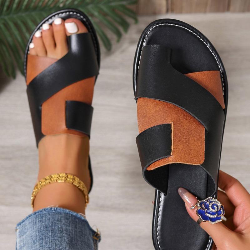 Women’s Colorblock Flat Slide Sandals, Large Size Open-Toe Casual Slip-Ons