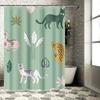 Animal Print Shower Curtain, Cat Design, Green Floral Pattern, Polyester Waterproof Fabric, Modern Bathroom Decor Unique Home Ac