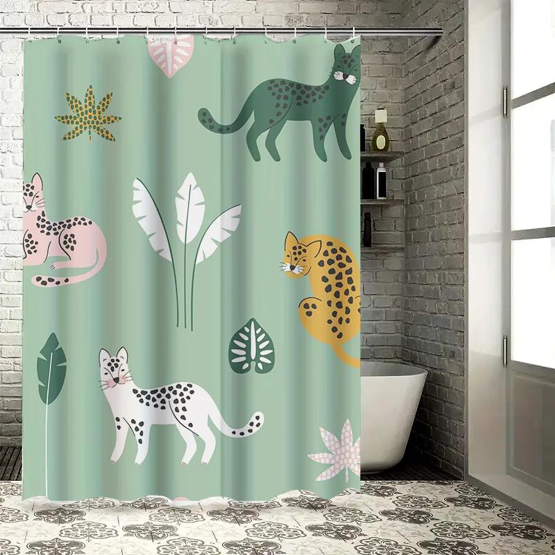 Animal Print Shower Curtain, Cat Design, Green Floral Pattern, Polyester Waterproof Fabric, Modern Bathroom Decor Unique Home Ac
