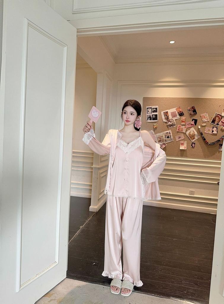 French pajamas new suspender set spring new pajamas three-piece set sexy pure lace loungewear women