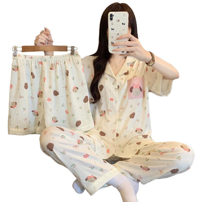 High-Value Floral Puppy Cloud Cotton Pajamas Women'S Summer Sweet Short-Sleeved Three-Piece Loungewear
