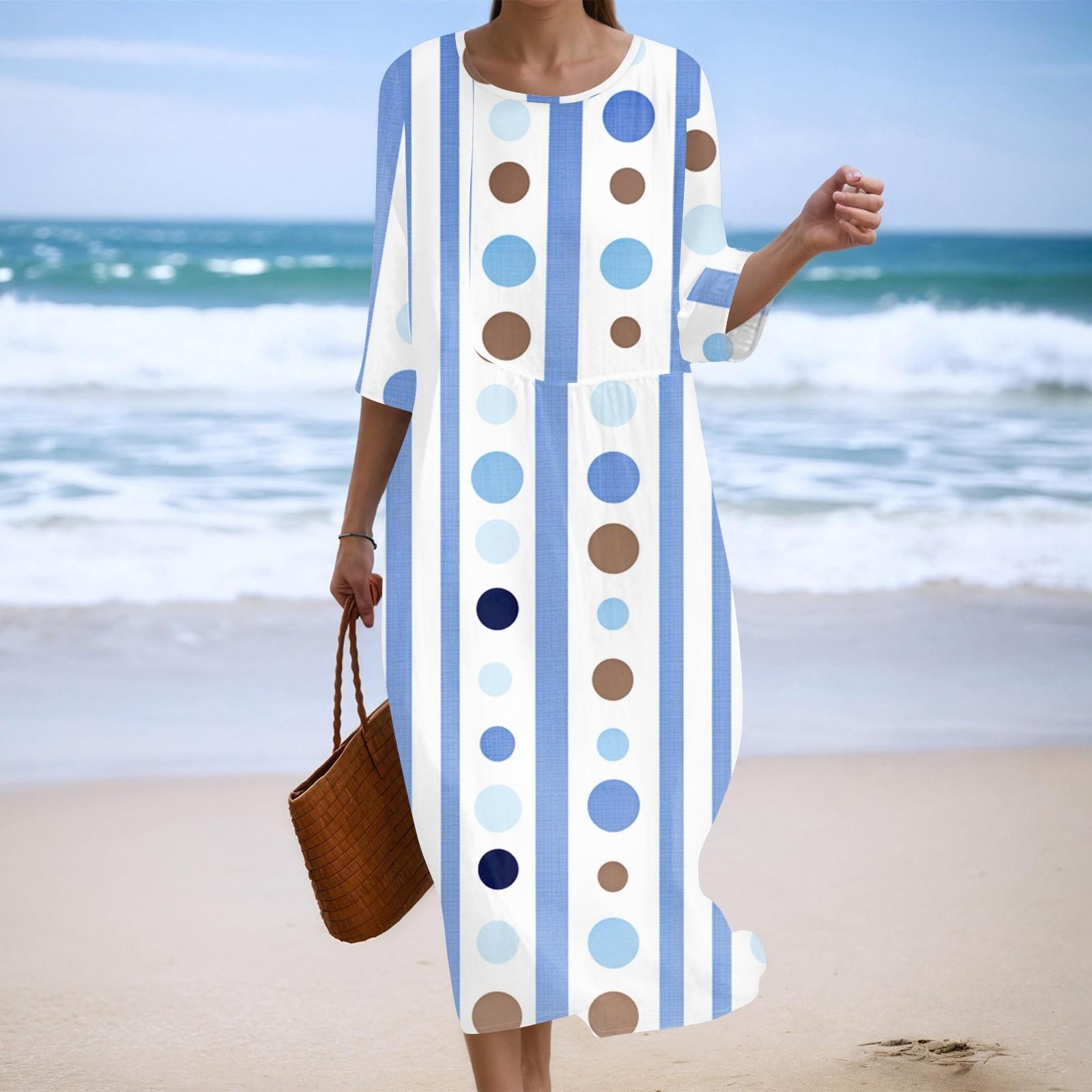 

Women s Fashionable Printed Round Neck Seven Quarter Sleeve Loose Dress XXL