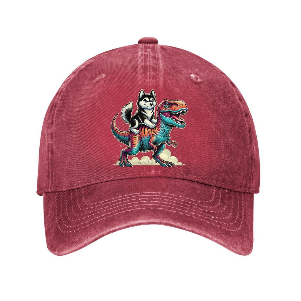 Husky Riding Dinosaur Print Baseball Cap Washed Cotton Adjustable Dad Hat Casual Outdoor Sports Cap