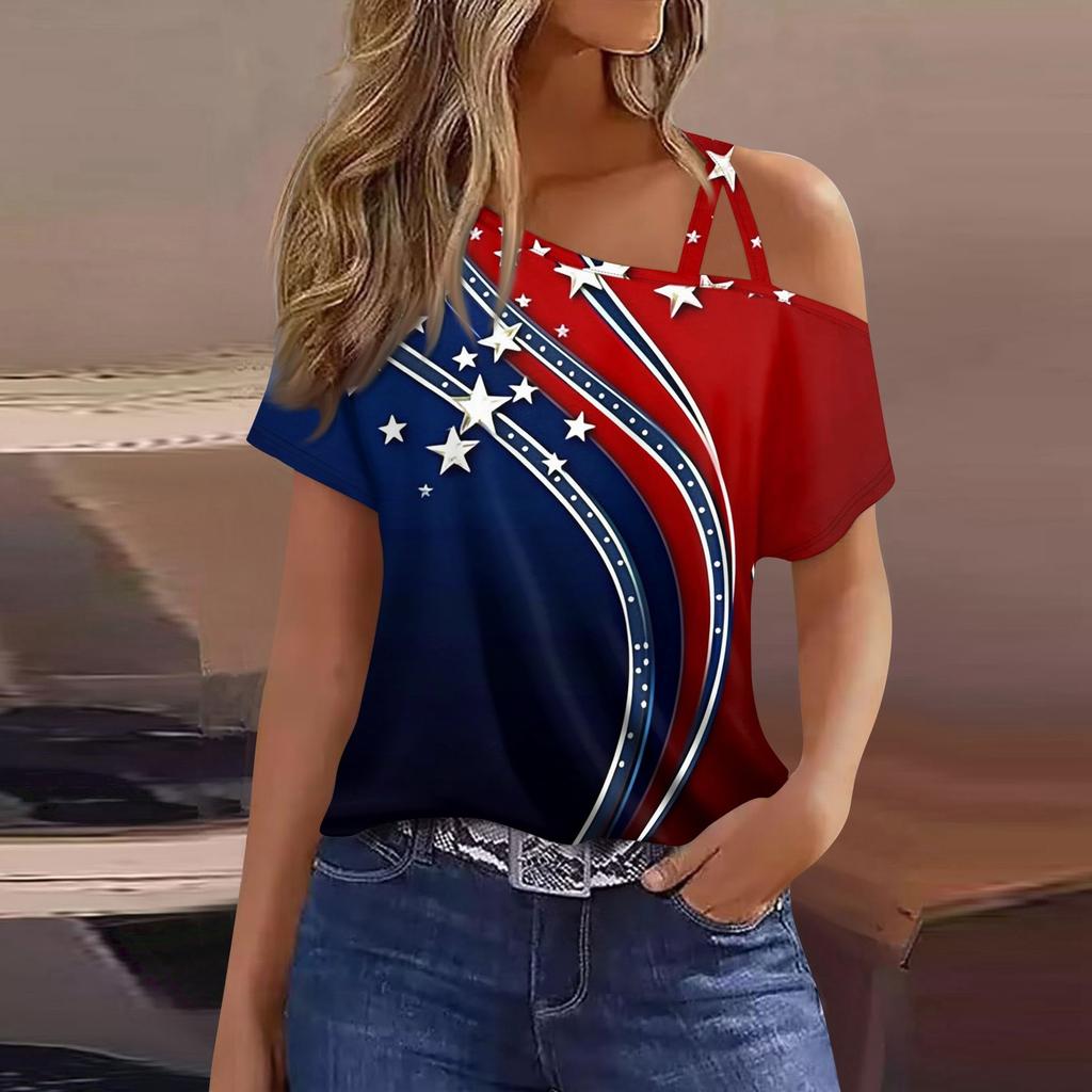 Women's Fashion Casual Independence Day Print Sexy Cold Shoulder Short Sleeve T-shirt Top