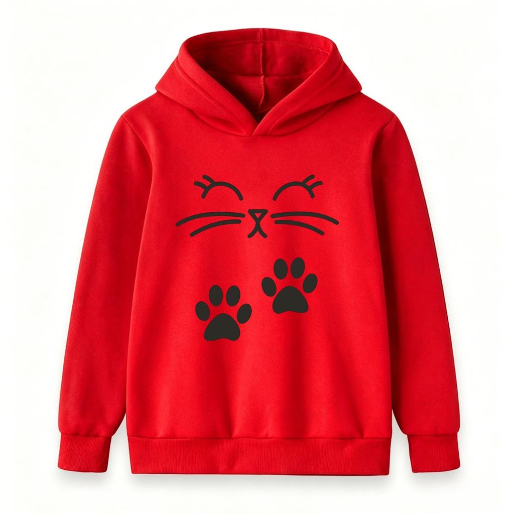 Kids Unisex Boys Girls Pullover Hoodie, Cute Cat Face Paw Print Sweatshirt, Casual Soft Long Sleeve Hooded Top for Daily Wear School Outdoor Activitie