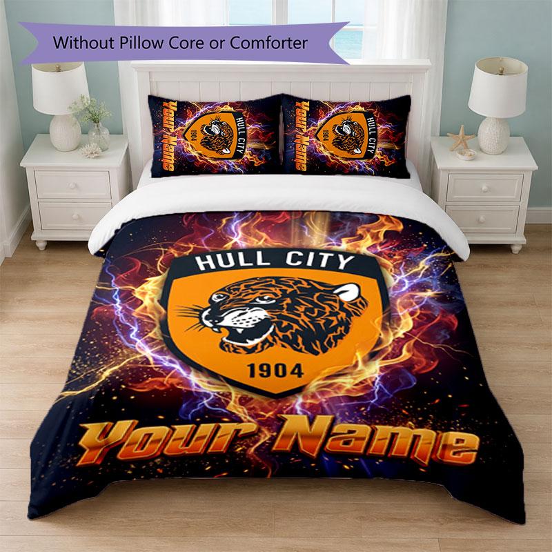 Hull City Individueller Name Text Bettwäsche Set 1 Bettbezug + 2 Kissenbezüge Fußball Logo Personalisierte Geschenk für Besonderen Anlass Schlafzimmer Dekor