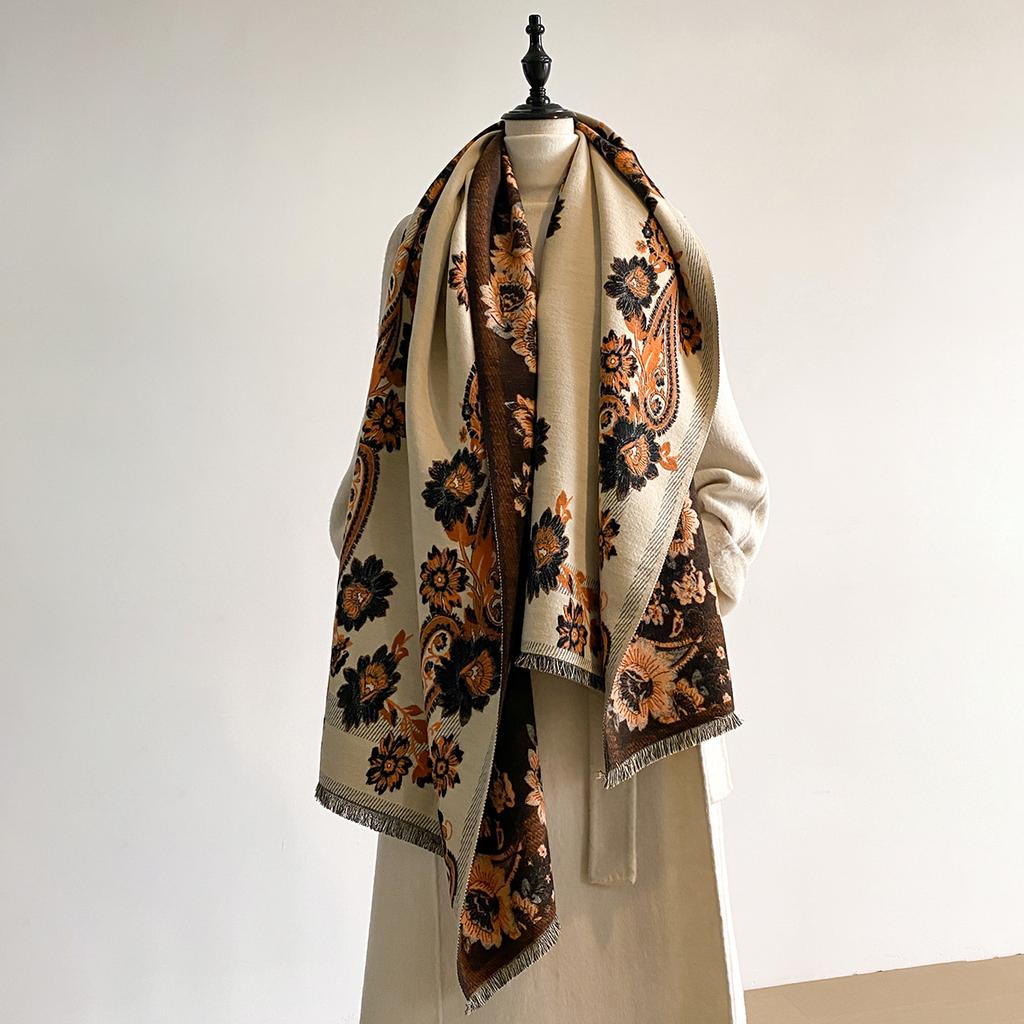 Thickened Luxury Imitation Cashmere Scarf for Women – Ultra Soft Winter Jacquard Wrap Shawl with Elegant Flower Patterns