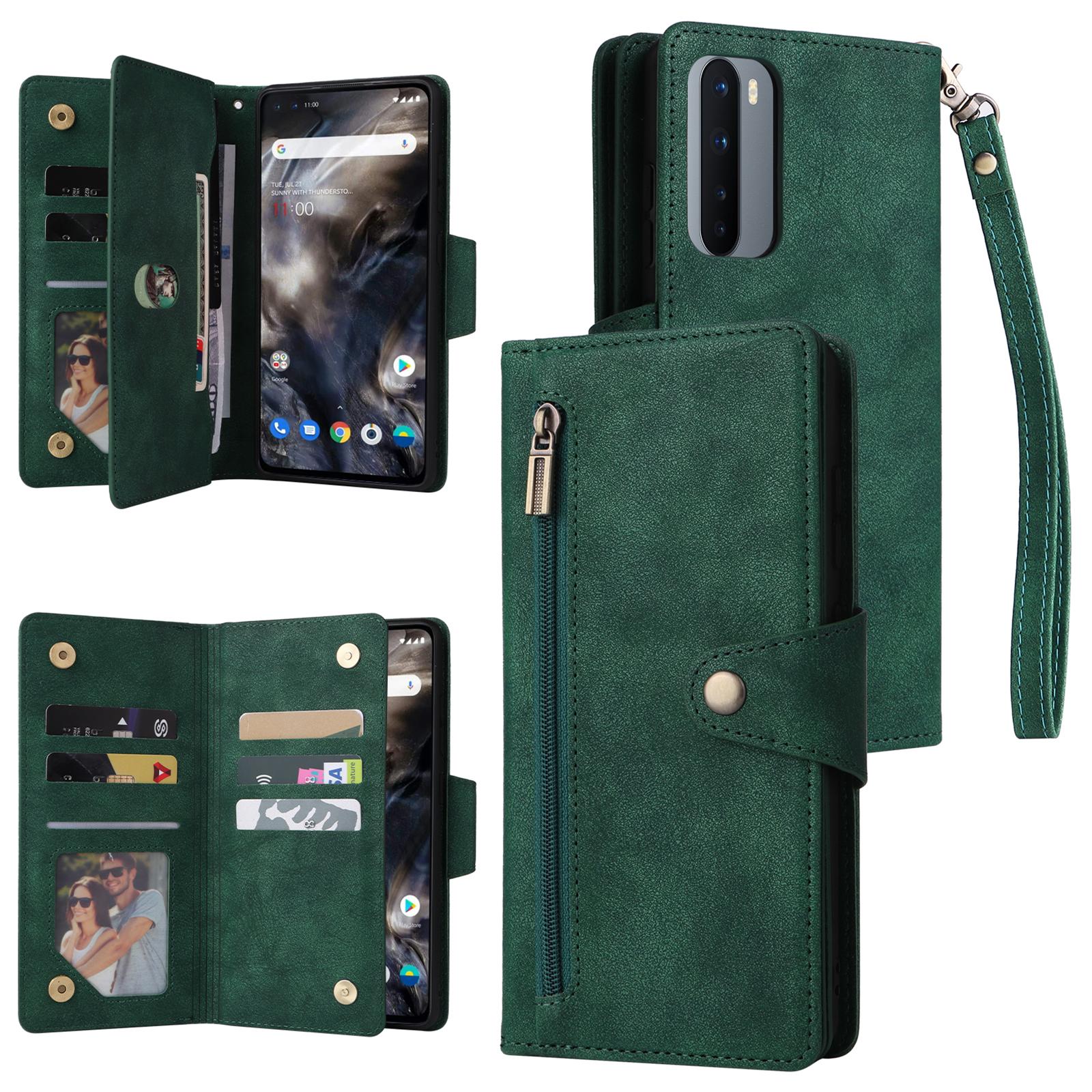 

Для OnePlus Nord Чехол из ПУ кожи Складная подставка Кошелек Чехол для телефона с заклепками Green