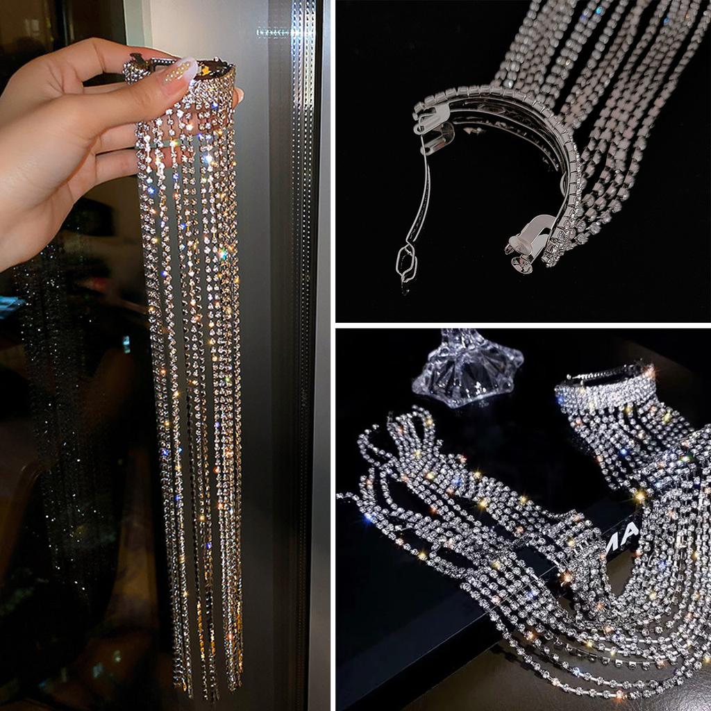 Strass Ponail Haarspange Quaste Strass Mode Haarnadel Haaraccessoires Kopfschmuck Haarspange Accessoires für Mädchen Frauen Silber 39cm