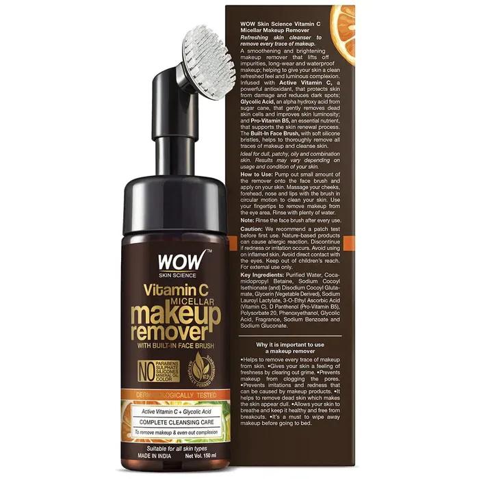 Wow Skin Science Vitamin C Makeup Remover - Rengöring, tar bort smink, jämnar ut hudton - Med inbyggd ansiktsborste (Micellär), 150 ml