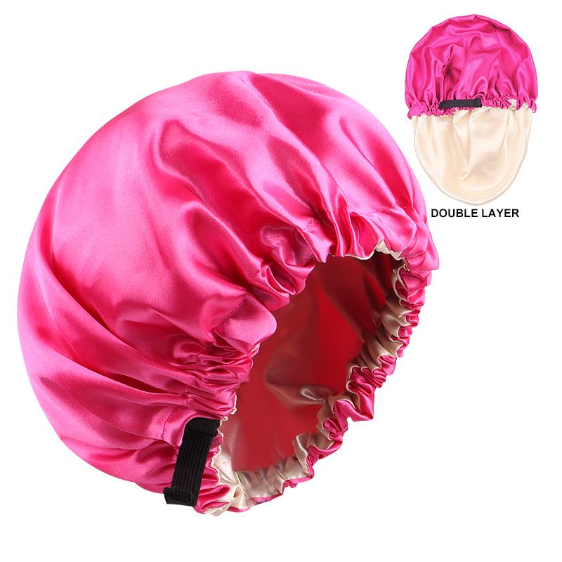 Dual-Layer Satin Sleep Cap with Adjustable Buckle, Reversible Solid Color Design - Elastic European/American Shower Cap