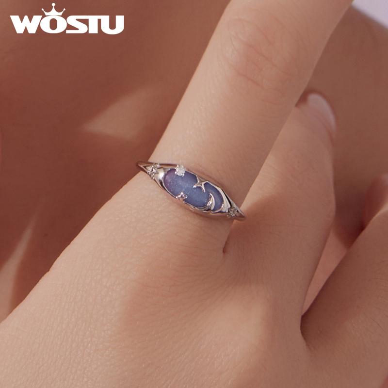 WOSTU 925 Sterling Silver Luminous Ring Glow in The Dark Moon Star Ring for Women Star Moon Minimalist Astronogy Lover Gift
