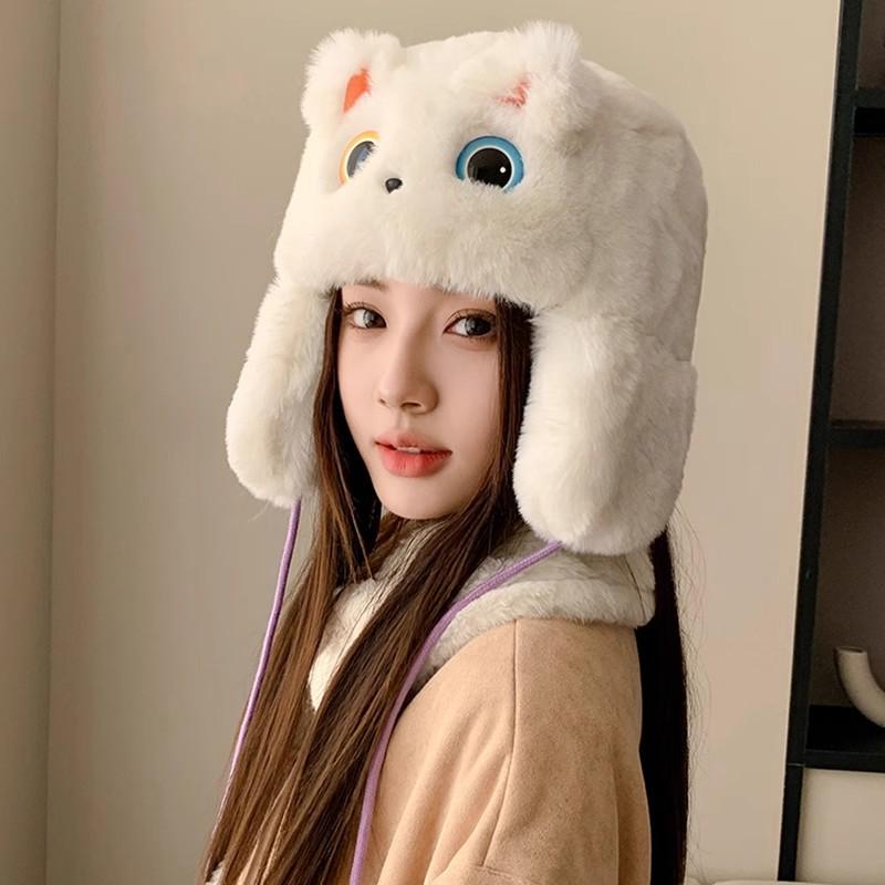Warm female autumn and winter cold protection thickened ear protection hat plush hat cartoon big eyes cat ears pullover hat