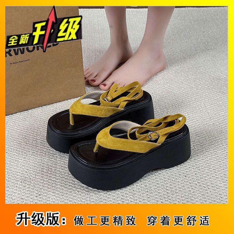 Thick-soled herringbone ankle strap one-word buckle beautiful denim sandals women's 2025 summer new beach Roman shoes