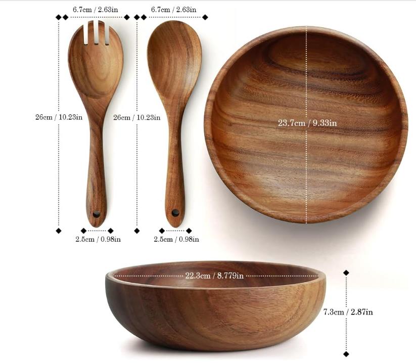 Large Wooden Salad Bowl, Acacia Wood Salad Bowl with Salad Tongs,  Round Fruit Serving Bowl Set for Mixing Fruits Cereal Pasta