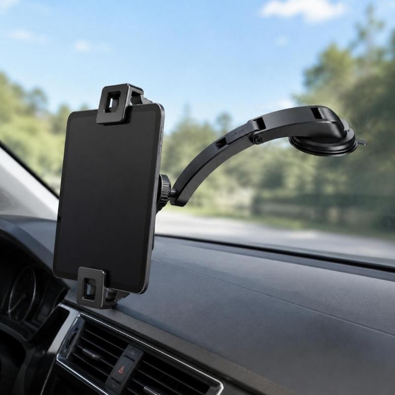 Car Tablet Stand with Suction Cup Base, Viewing Arm and Clamp Frame for Daily Commute Navigation, Travel Viewing and Passenger Use