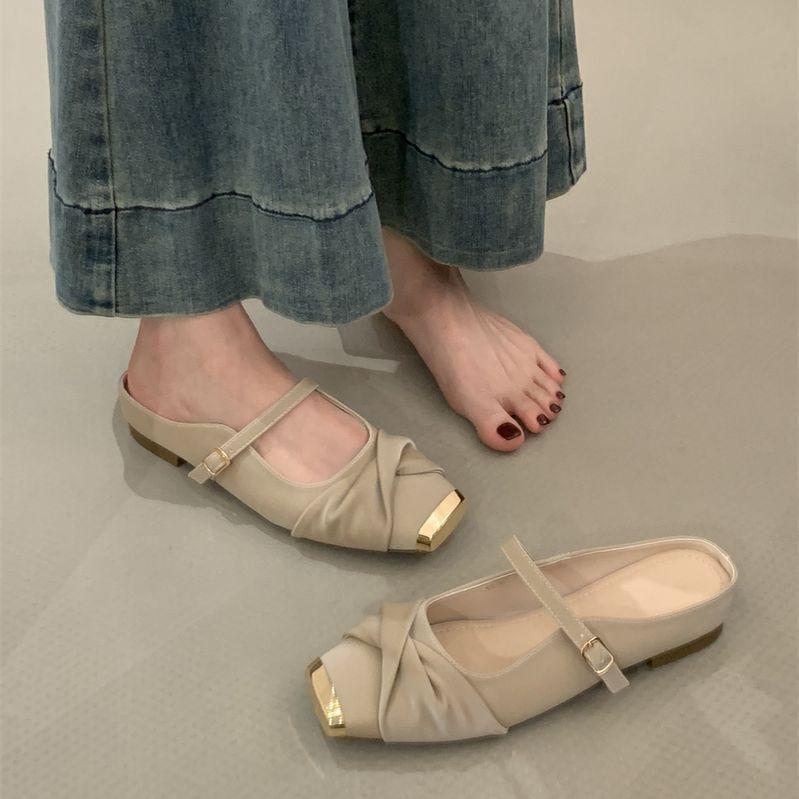 Metal Square Head Flat Heel Half Drag 2025 Spring Bag Head Soft Leather Soft Sole Slippers Women Wear One Word with Mary Jane Shoes