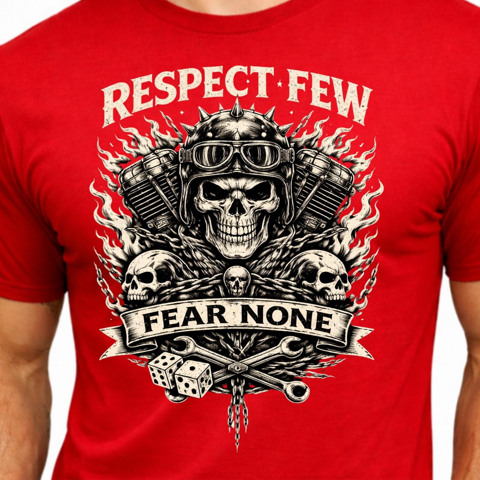 Respect Few Fear None Skull Biker Motorcycle Engine Vintage Graphic T-Shirt. M