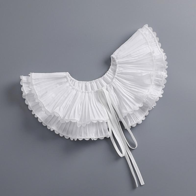Korean Style Women Double Layer Pleated False Collar Shawl Scalloped Lace Trim White Half Shirt Lace-Up Poncho Capelet