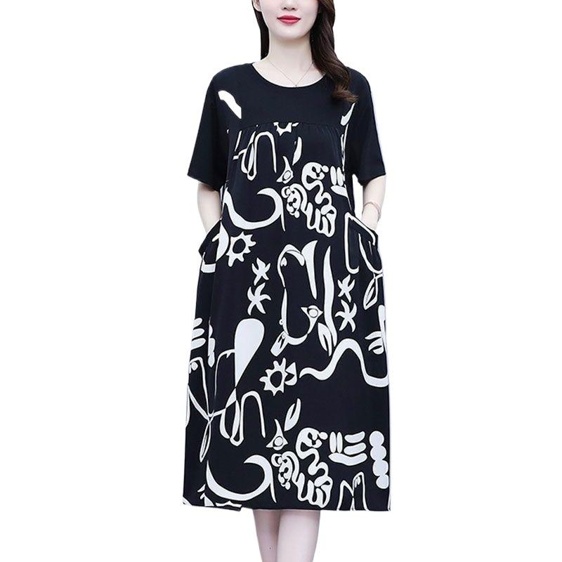 High-end dress women's new fat mm casual large size fashionable printing splicing loose belly and thin skirt
