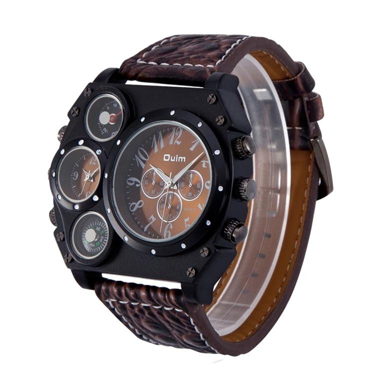 Oulm HP1349 Men's Sport Quartz Wristwatch Super Big Dial Decorative Compass Business Style Leather Band New Large Dial for Men