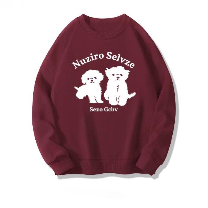 

Fleece autumn and winter Korean version lazy style cute cartoon puppy sweater versatile men s and women s crew neck 3XL бордовий