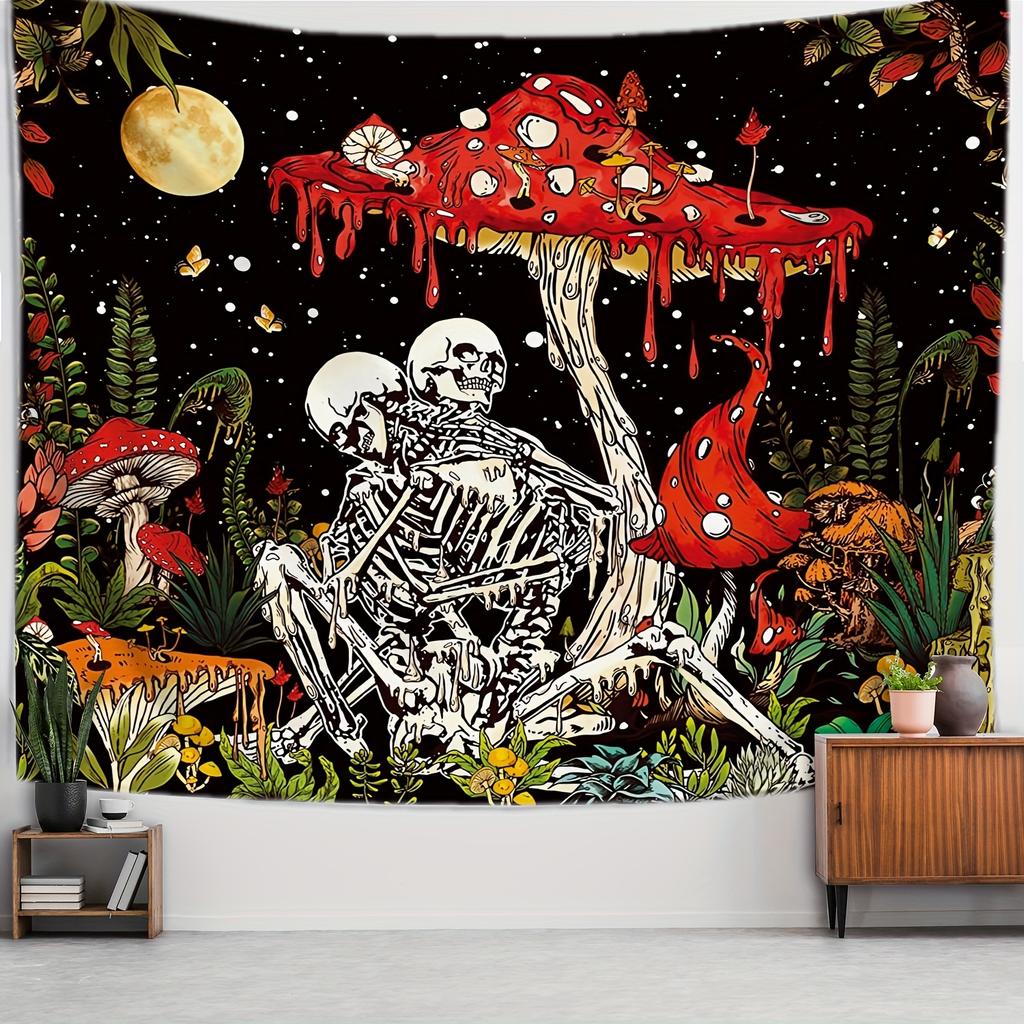 Romantic Skeleton Couple & Magic Forest Tapestry - Vibrant Mushroom, Butterfly & Starry Night Design