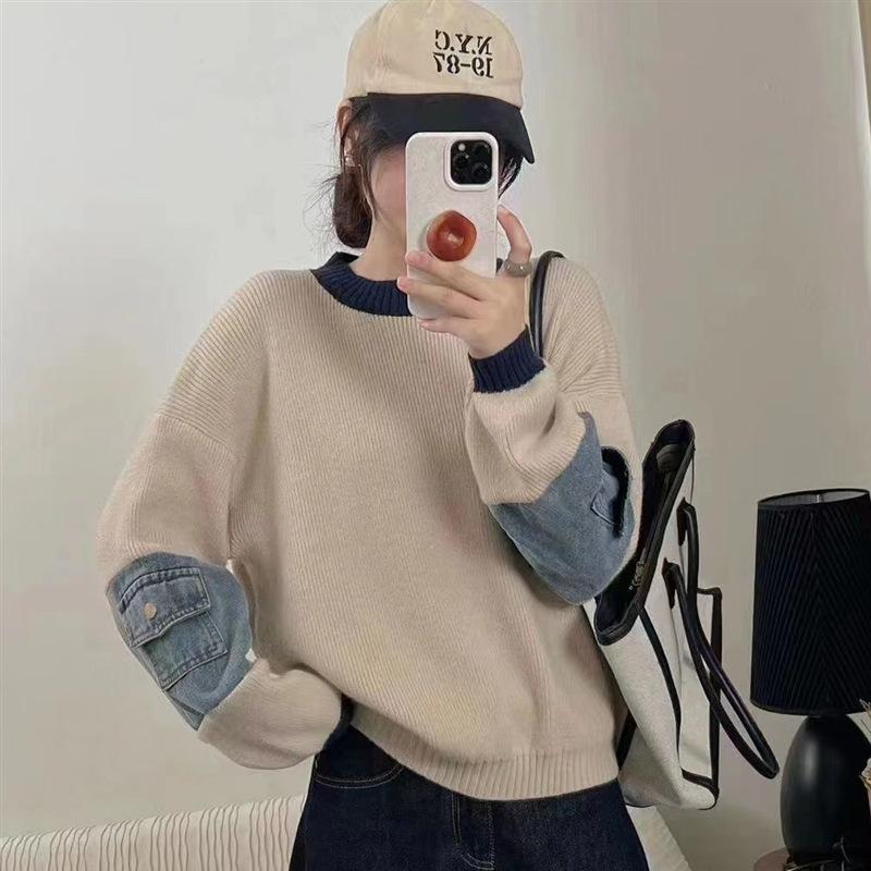 

Контрастный цвет круглый вырез сращивание джинсовый вязаный свитер топ осень и зима новый свободный мягкий восковой пуловер свитер женский average size