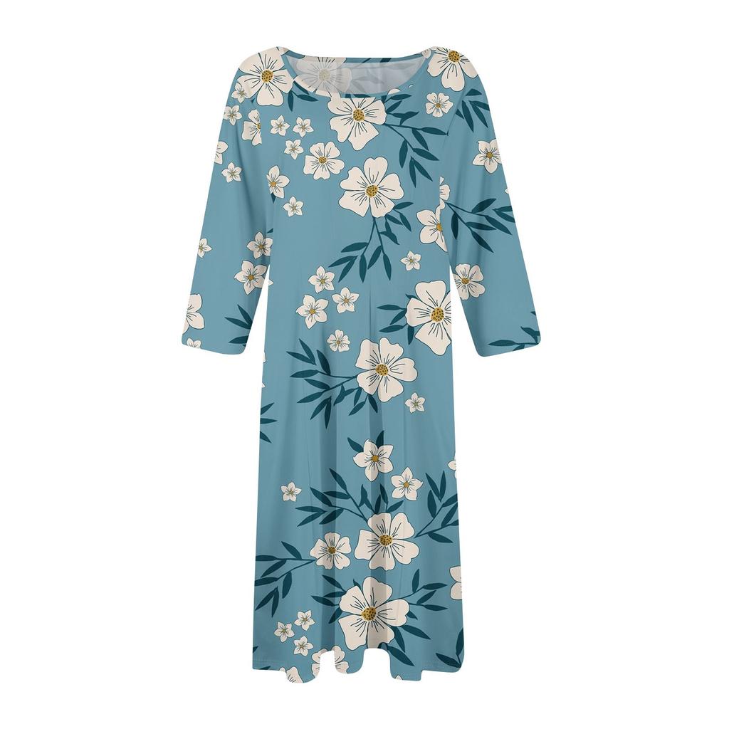 Rochie midi casual de damă la modă, cu gât rotund și mâneci trei sferturi