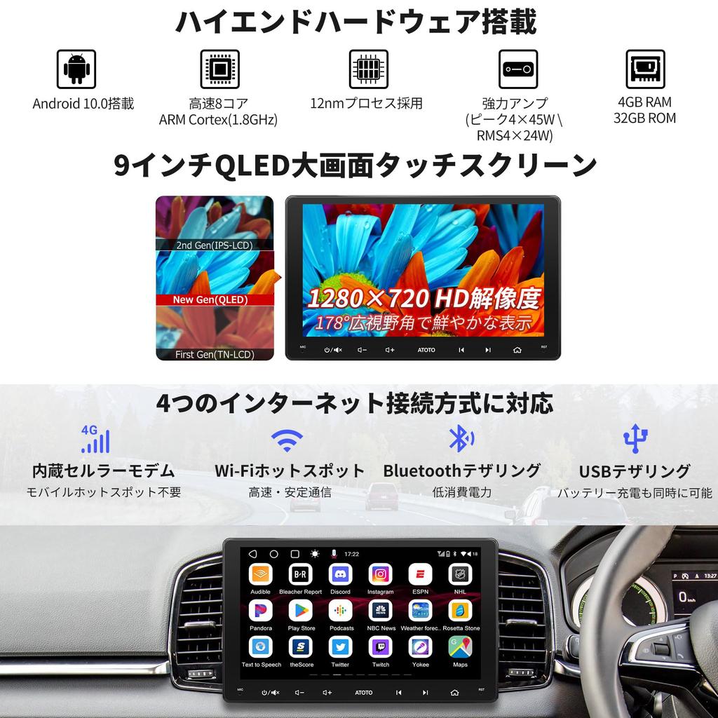 ATOTOEXCEL S8MS Android Navigation 2DIN Display Wireless Android Auto Wireless Dual ChatGPT AI OBD2 Car Diagnostic GPS HDMI [9 Inch] Audio, Built-in