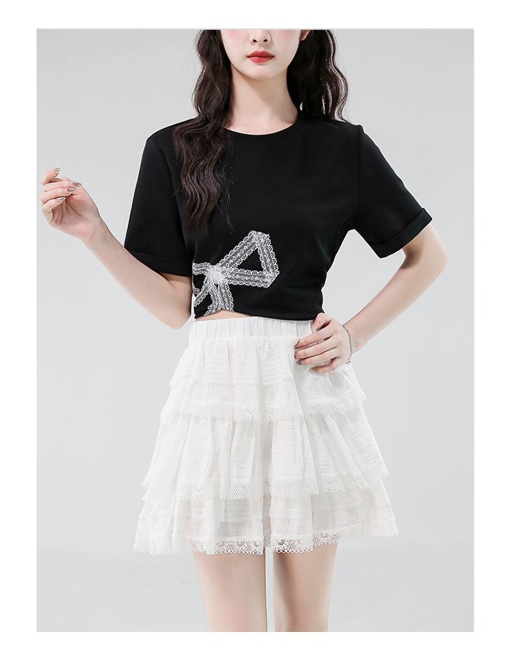 Women's Irregular Split Short-Sleeve Tee, Summer 2025, Loose Fit for Petite, Bowknot Design