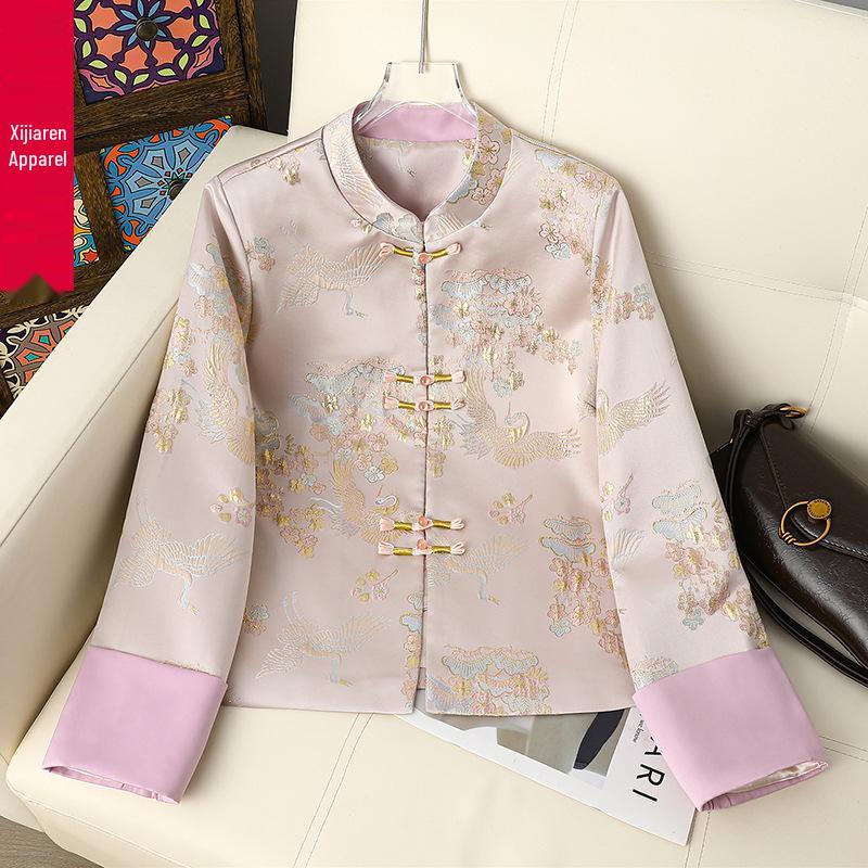 Jachetă Tang Retro Brodată pentru Femei Petite cu Guler Înalt și Nasturi Broscuță - Primăvară/Toamnă