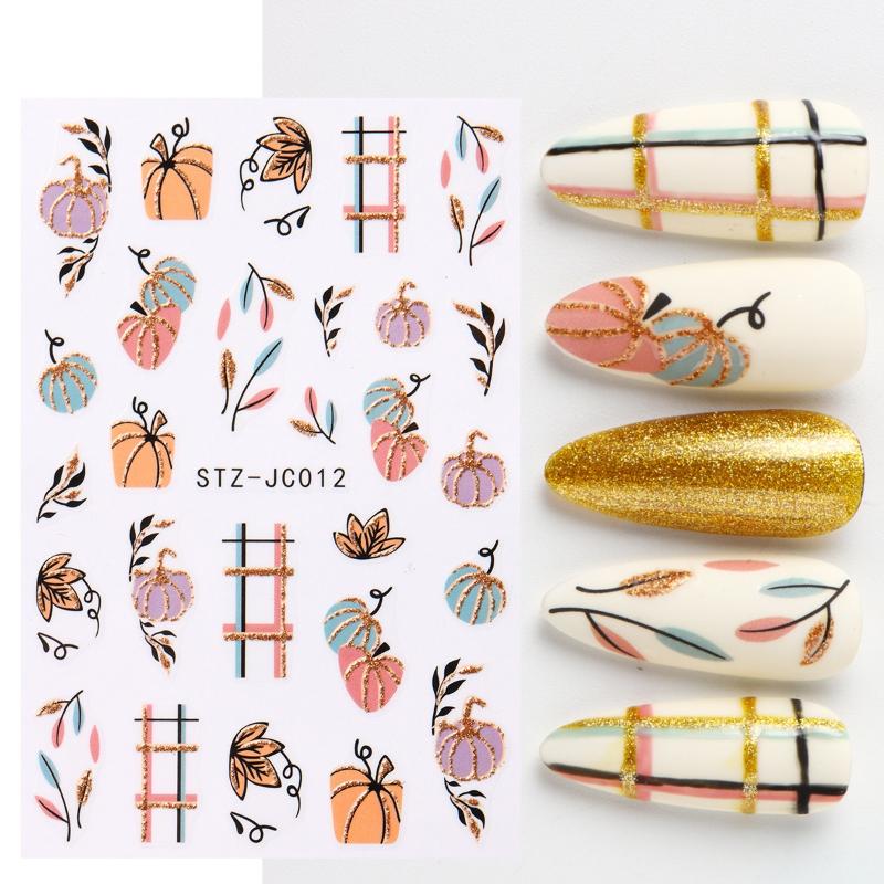 1 Blatt Herbstblatt Karomuster Linie Klebe-Slider Niedliche Kürbis-Nagelsticker Abziehbilder Herbst Erntedankfest Nageldesign Zubehör