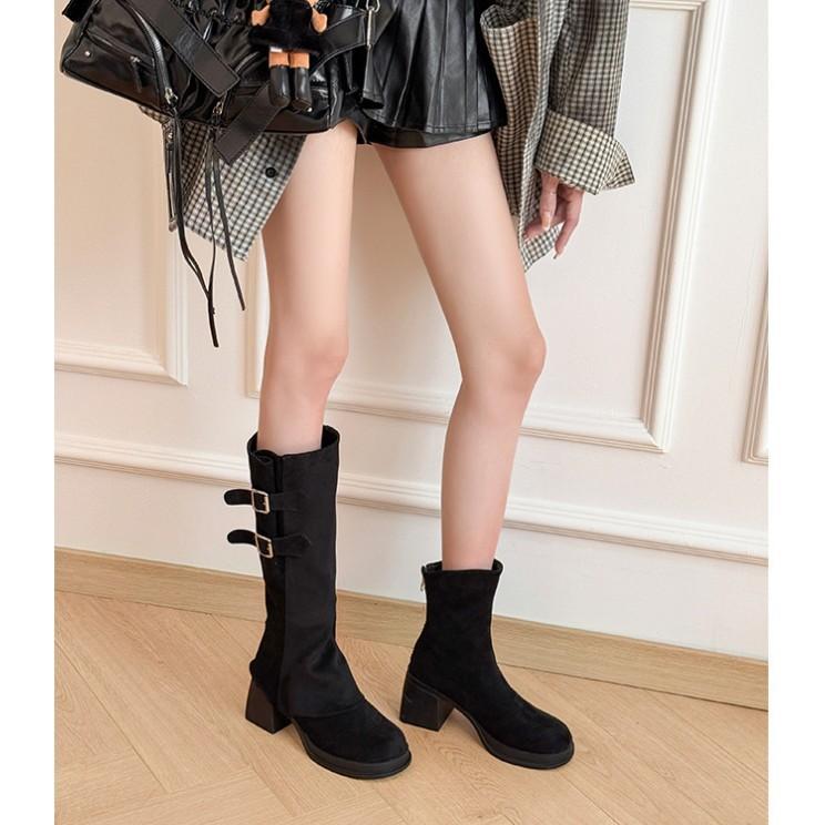 Retro round head versatile trousers boots thick sole thick heel high heel high tube stacking boots two wear short boots removable boots