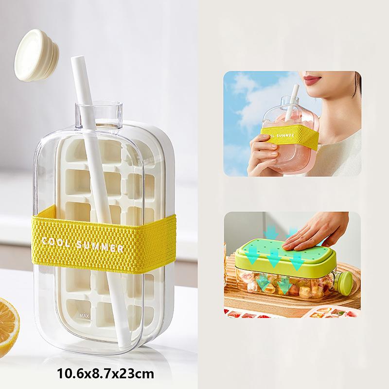 Tavă de Gheață de Vară cu Pai 2 în 1 Tavă de Gheață și Sticlă de Apă pentru Aparat de Gheață Fără Atingere Silicon Cub de Gheață Ceainic Portabil