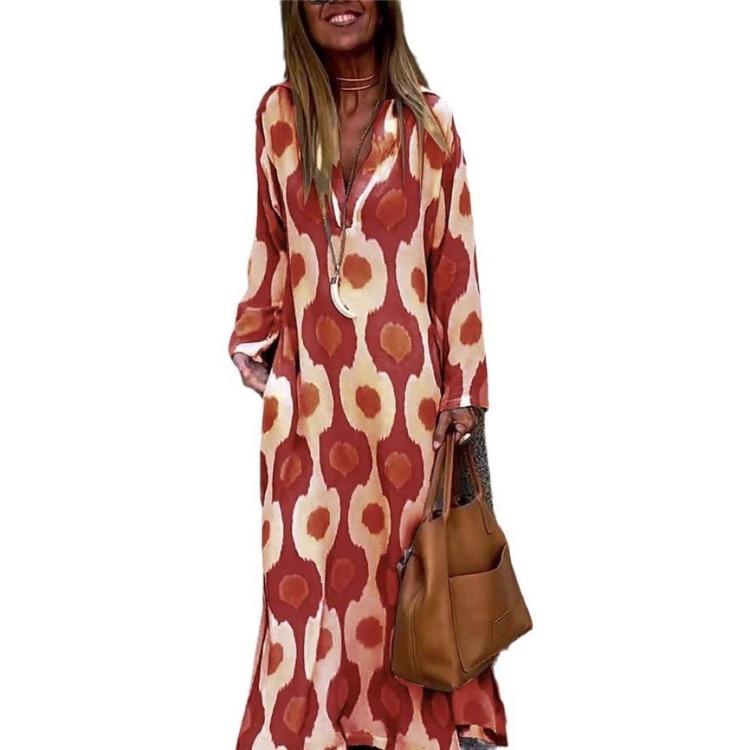 Women Long Sleeve Loose Fit Plus Size V Neck Printed Dress S