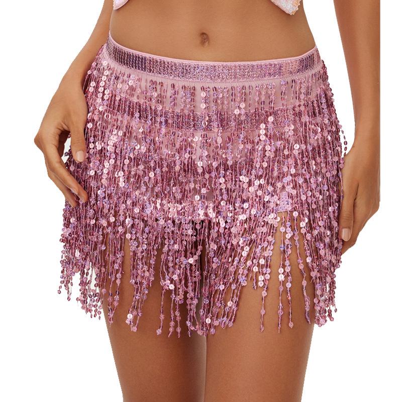 Bohemian Sequin Hip Scarf: Four-layer Tassel Waist Chain Belly Dance Costume for Women. Perfect for Halloween Performances.