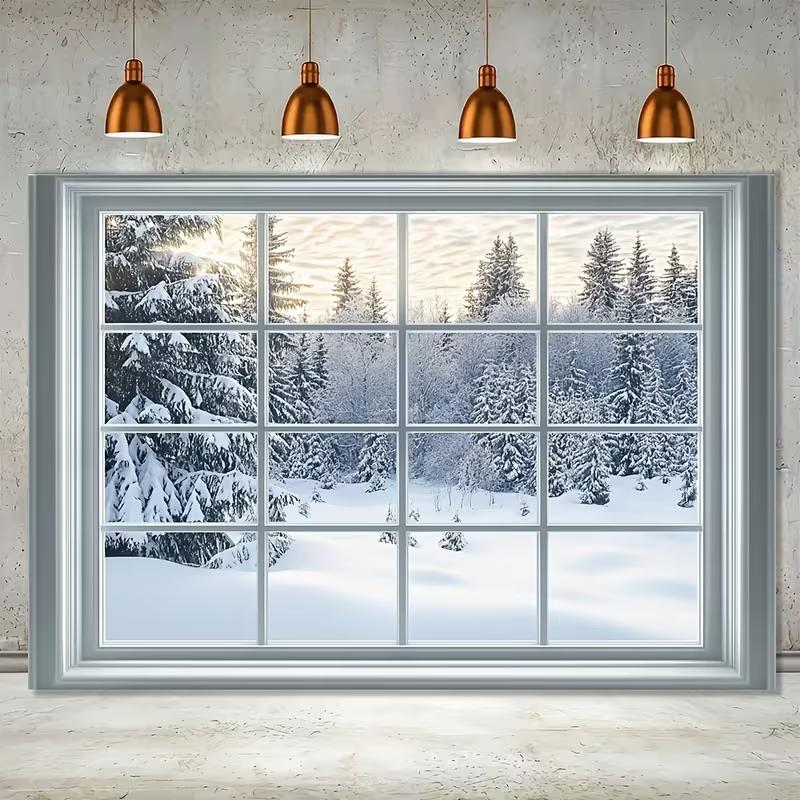 2D Winter Window Scenery Backdrop Snow Forest Studio Photography Background