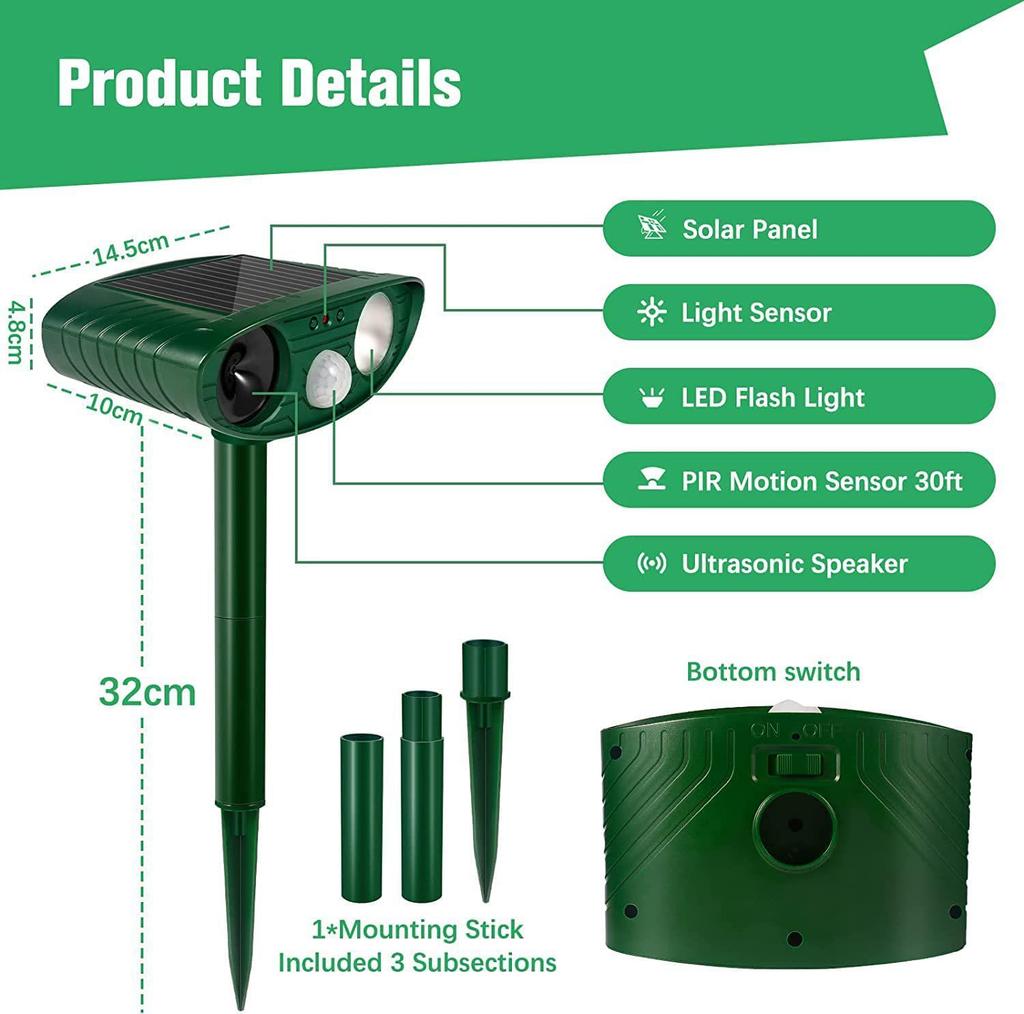 Solar Ultrasonic Animal and Bird Repeller with Infrared Sensing