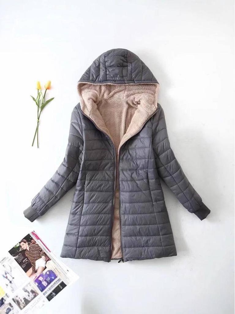 2026 Autumn/Winter Women's Slim-Fit Hooded Coat - Korean Style Fleece-Lined Lambswool