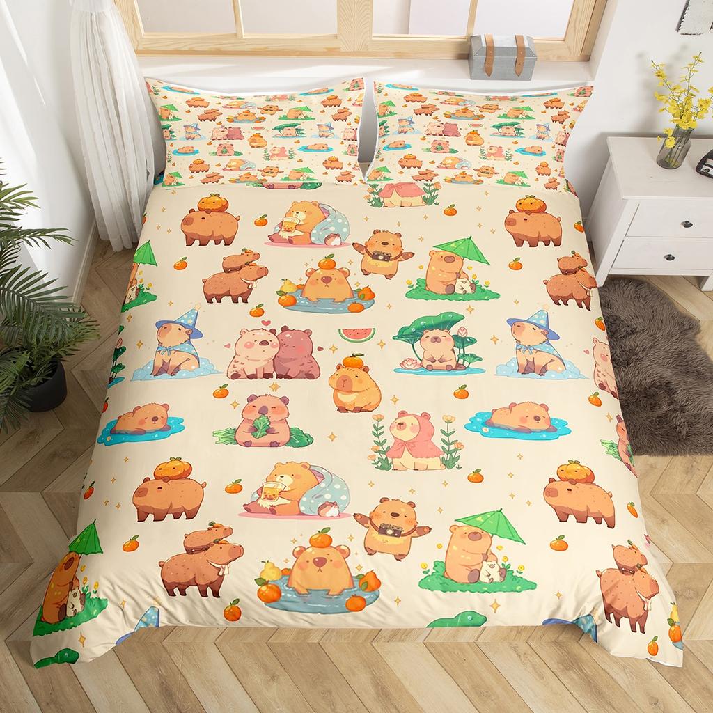 Homewish Cartoon Capybara Teens Duvet Cover SetLotus Flower Floral Bedding SetKawaii Orange Watermelon Bed Set
