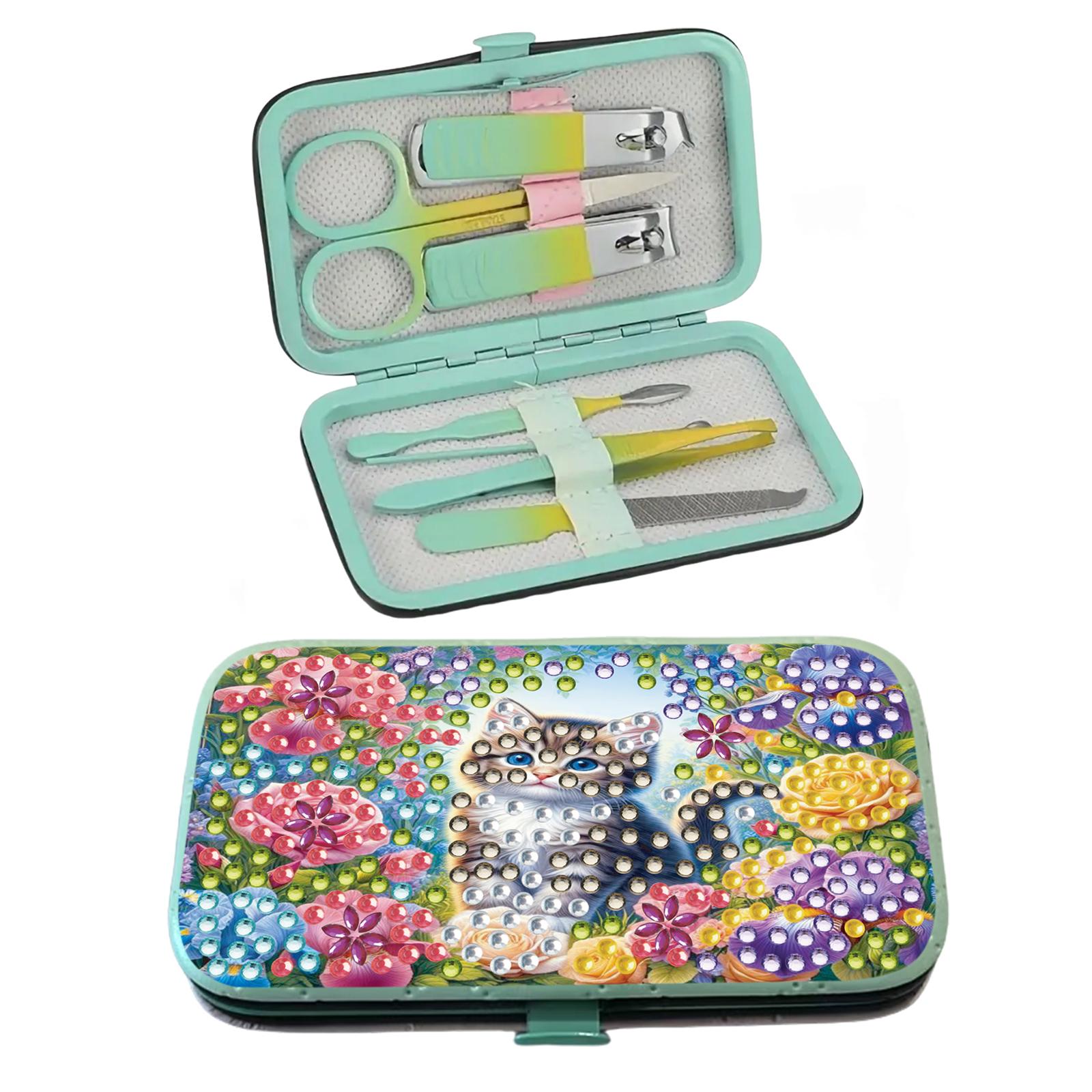 

DIY Irregular Rhinestone Manicure Storage Box Including 7 Professional Nail Care Tools Gift for Family and Home Use
