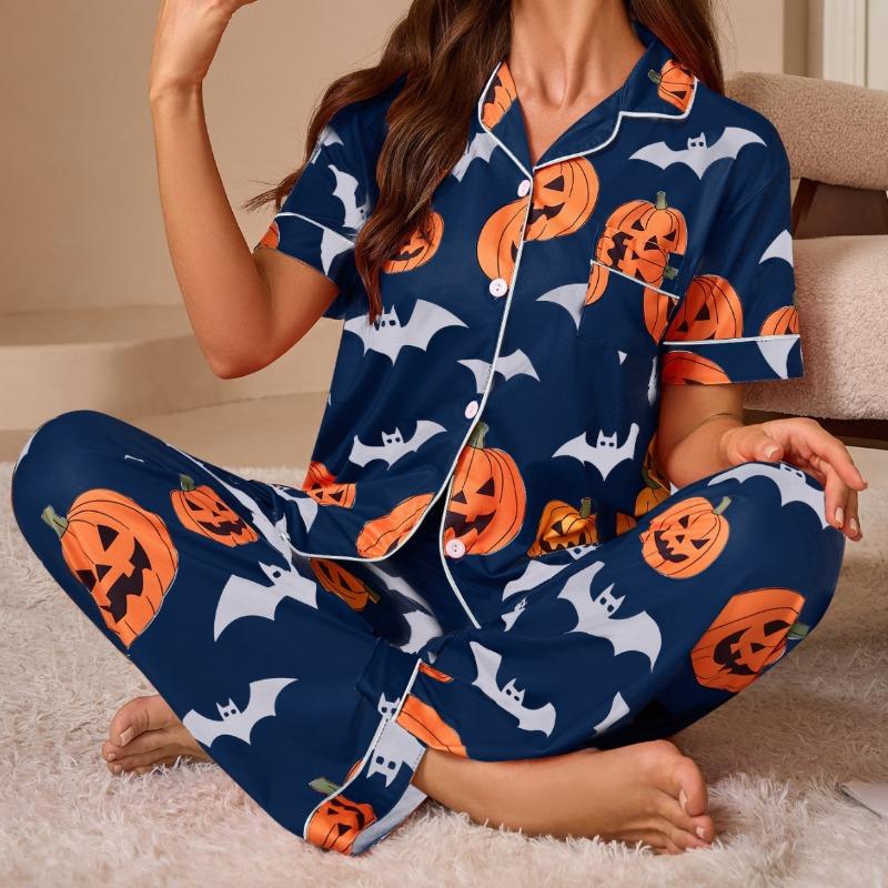 Damen-Pyjama-Set mit offenem Vorderteil und Halloween-Print, mit kurzärmeligem Oberteil und langer Hose – Damen-Loungewear