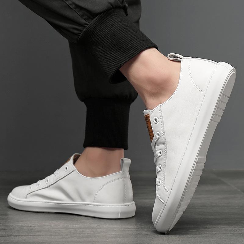 Men's Genuine Leather Low-Top White Sneakers - Breathable Casual Spring/Summer Shoes