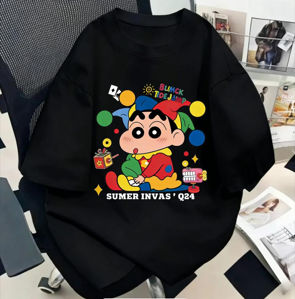 Moda Crayon Shin-chan Fofo Estampa de Desenho Animado Camiseta de Algodão Y2K Casual Solta Manga Curta Tops Combinando para Casal Homens Mulheres