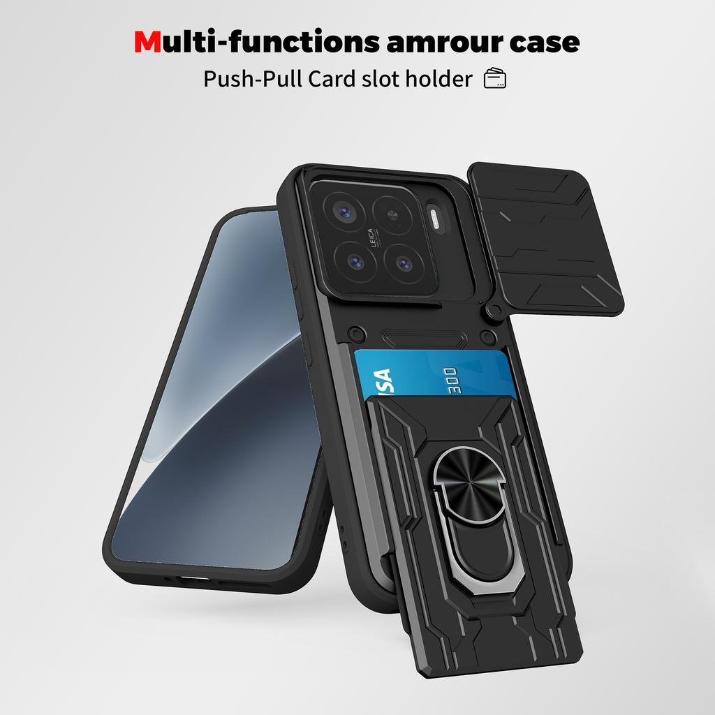 For Xiaomi 15 Case Camera Rotation Slide Card Slot Rotation Car Magnetic Ring Phone Case Protective Cover
