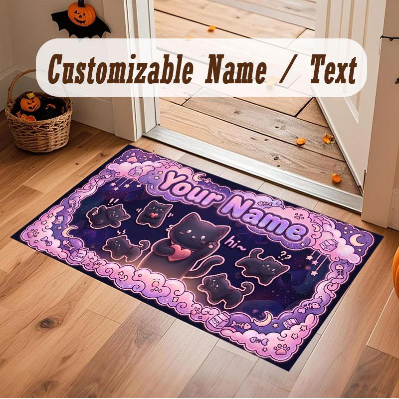Cat Theme Crystal Velvet Floor Rug Personalized Custom Name Text Warm Carpet Home Decoration