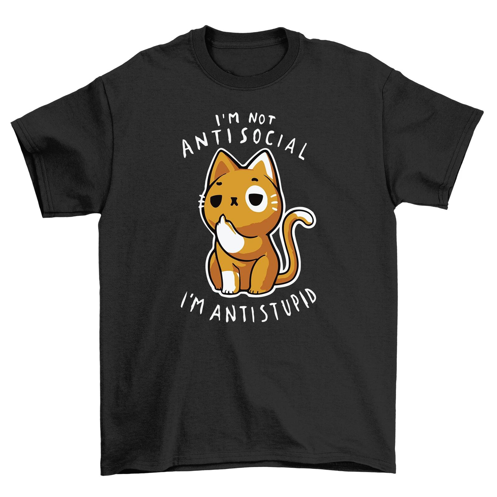 Anti Stupid Cat Graphic TShirt Funny Antisocial Quote Short Sleeve Cotton Tee for Unisex Unisex S