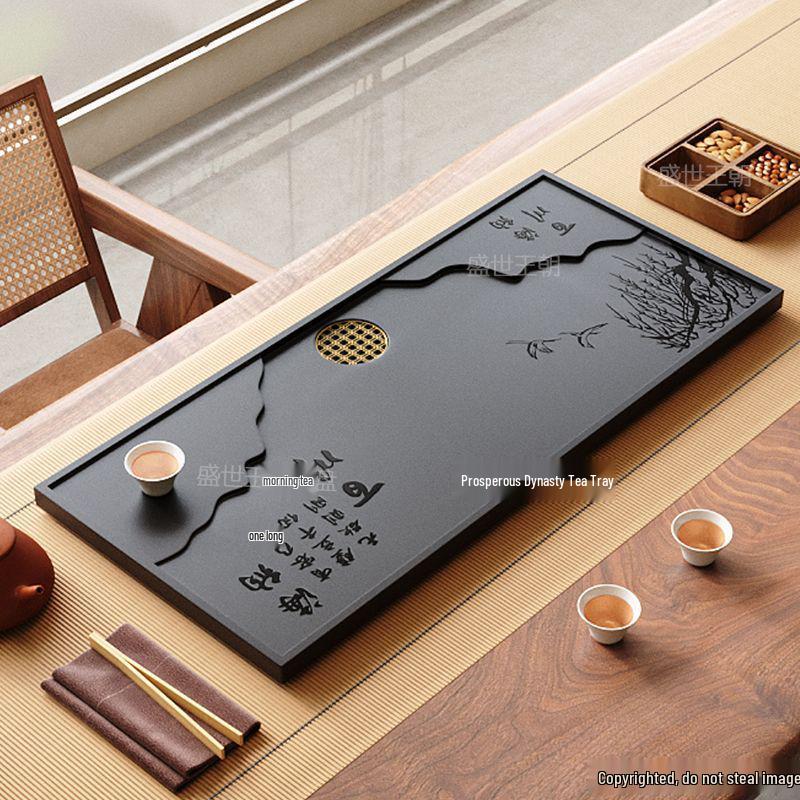 Black Gold Stone Tea Tray: Sleek Desktop Style with Built-in Drainage