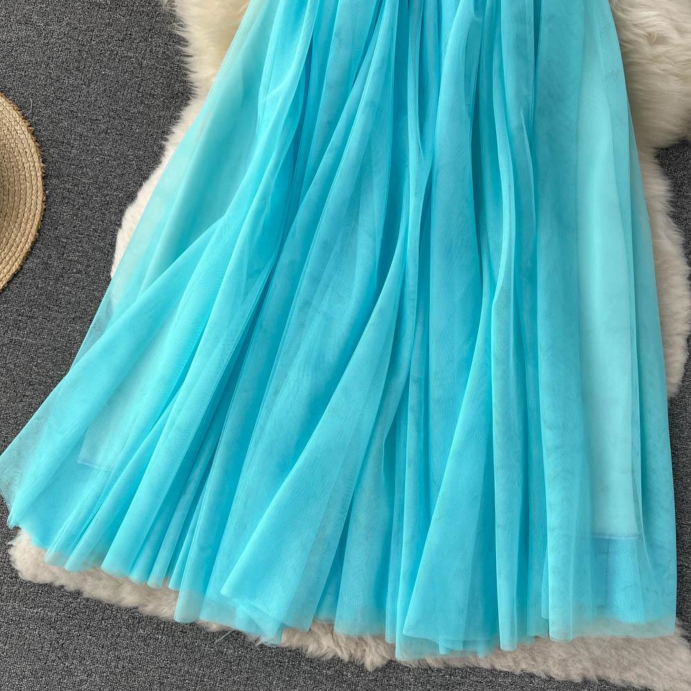 Spring And Summer Pure Color Mesh Pleated Skirt Medium Length Classic Loose And Thin Versatile High Waist Skirt